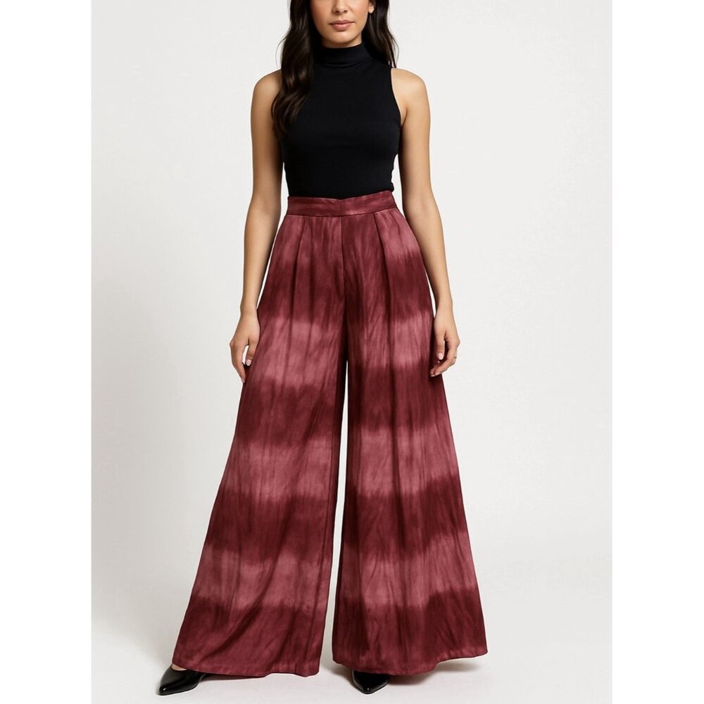 Wide Leg Casual Pants High Waist Bow Tie-Dye Gradient Pink Palazzo